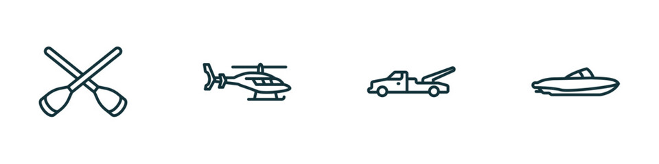 set of 4 linear icons from transportation concept. outline icons included rowing, helicopter profile, wrecker, houseboat vector