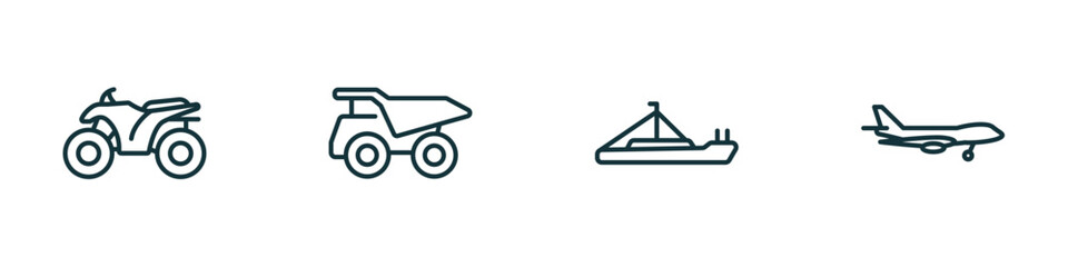 set of 4 linear icons from transportation concept. outline icons included quad, haul, pt boat, jumbo jet vector