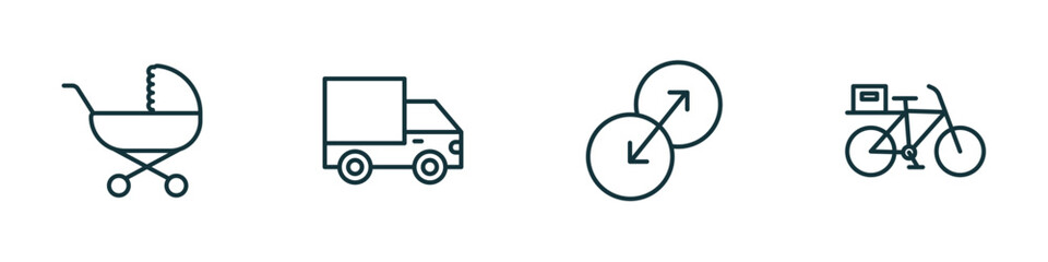 Poster - set of 4 linear icons from transport concept. outline icons included babysitter, heavy vehicle, transition, delivery bike vector