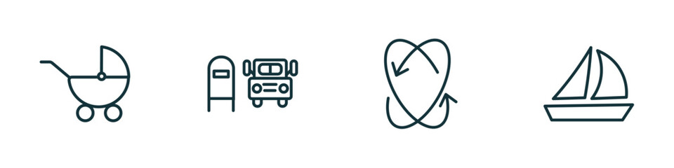 Poster - set of 4 linear icons from transport concept. outline icons included baby trolley, scholar bus stop,