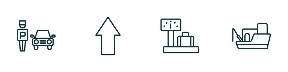 Poster - set of 4 linear icons from transport concept. outline icons included parking men, shift, airport checking, fishing boat vector
