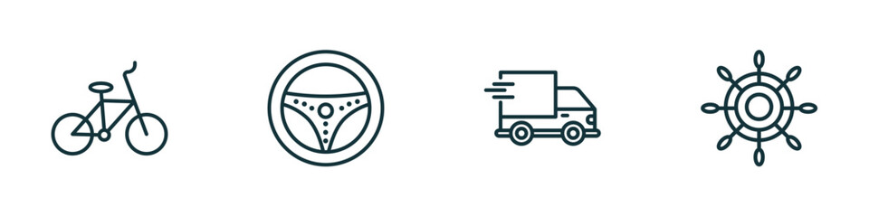 Poster - set of 4 linear icons from transport concept. outline icons included bicycle side view, steering, shipping and delivery, ship wheel vector
