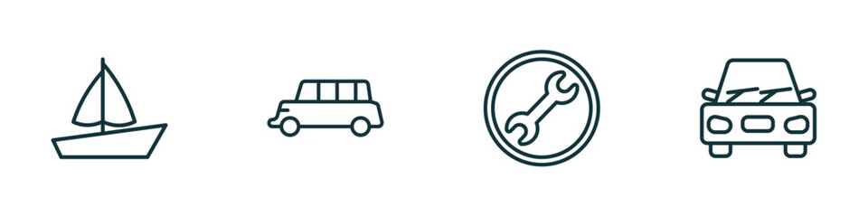 Poster - set of 4 linear icons from transportation concept. outline icons included sail boat, long car, repair, car vector