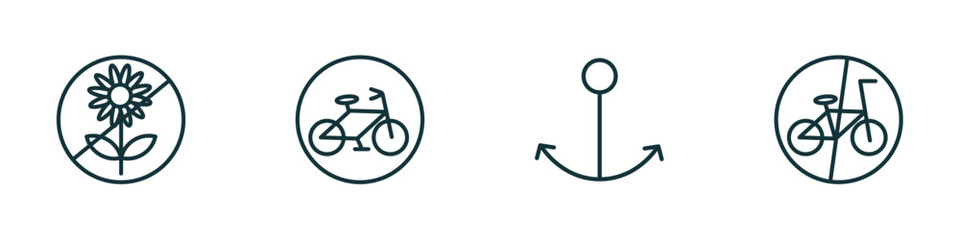 Poster - set of 4 linear icons from traffic signs concept. outline icons included no picking flowers, pedestrian, port, no bicycle vector