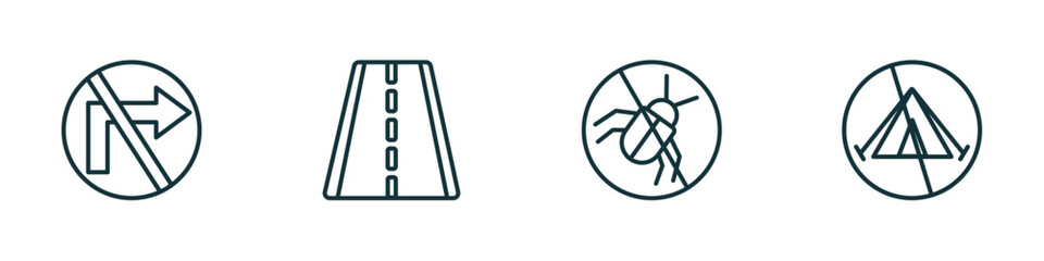 Poster - set of 4 linear icons from traffic signs concept. outline icons included no turn right, highway, no insects, no camping vector