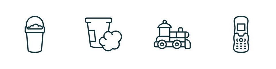 Poster - set of 4 linear icons from toys concept. outline icons included bucket toy, dough toy, train toy, phone vector