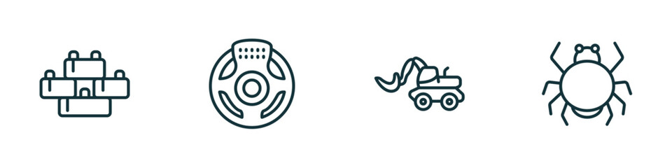 Poster - set of 4 linear icons from toys concept. outline icons included blocks toy, steering wheel toy, digger toy, spider vector