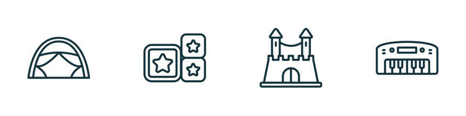 Poster - set of 4 linear icons from toys concept. outline icons included tent toy, cubes toy, castle toy, piano vector