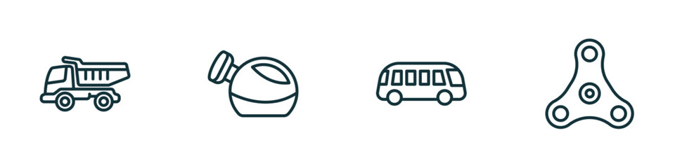 Poster - set of 4 linear icons from toys concept. outline icons included dump truck toy, watering can toy, bus toy, spinner vector