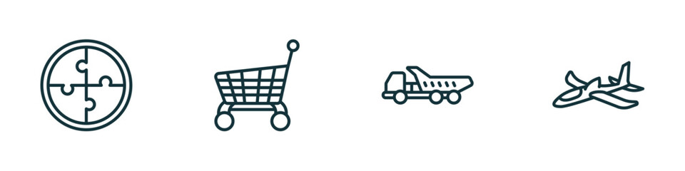 Poster - set of 4 linear icons from toys concept. outline icons included puzzle toy, cart toy, truck toy, plane vector