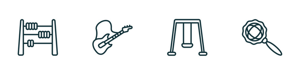 Poster - set of 4 linear icons from toys concept. outline icons included abacus toy, guitar toy, swing toy, rattle vector
