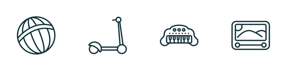 Poster - set of 4 linear icons from toys concept. outline icons included beach ball toy, scooter toy, keyboard toy, etch a sketch vector