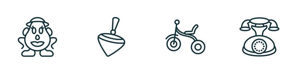 Poster - set of 4 linear icons from toys concept. outline icons included mrs potato toy, spinning toy, tricycle toy, telephone vector