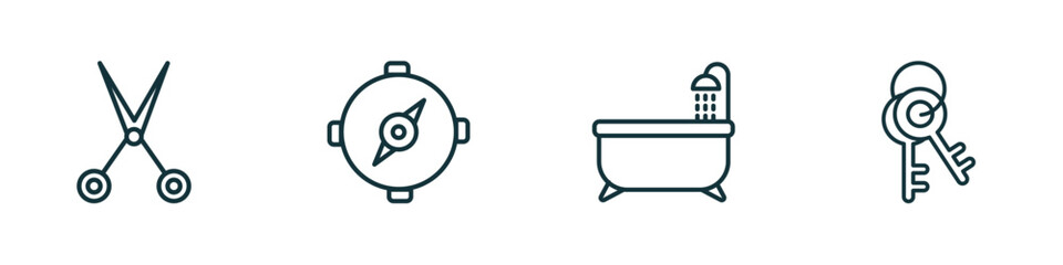 Poster - set of 4 linear icons from tools and utensils concept. outline icons included open scissors, orientation compass, bath tub, key ring vector