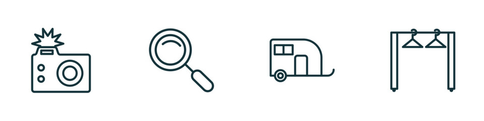 Poster - set of 4 linear icons from tools and utensils concept. outline icons included camera with flash, magnifier, house on wheels, clothes rack vector