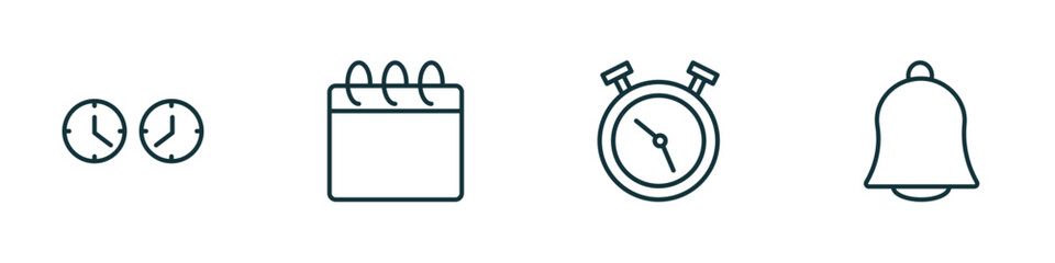 Poster - set of 4 linear icons from tools and utensils concept. outline icons included clocks, calendar page, timer round clock, hanging bell vector