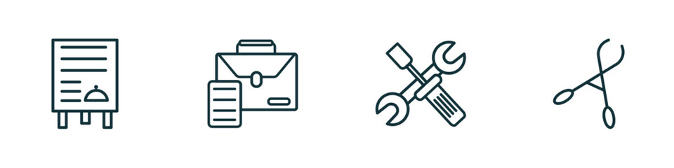 Poster - set of 4 linear icons from tools and utensils concept. outline icons included daily specials board, briefcase and document, reparation, forceps vector