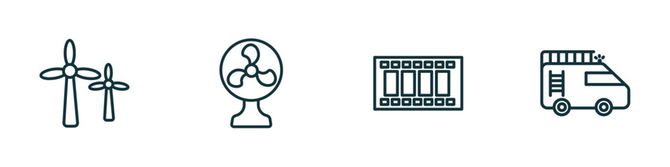 Poster - set of 4 linear icons from tools and utensils concept. outline icons included windmills, table fan, film strip photograms, firetruck vector