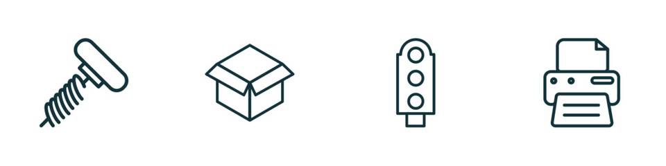 Poster - set of 4 linear icons from tools and utensils concept. outline icons included auger, open black box, semaphore light, blank paper and printer vector