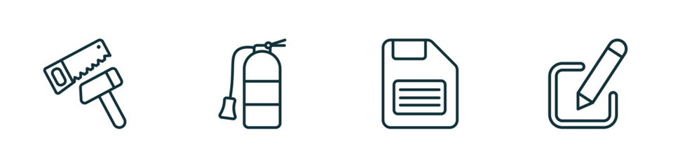 Poster - set of 4 linear icons from tools and utensils concept. outline icons included carpentry, flame extinguisher, face down floppy disk, edit picture vector