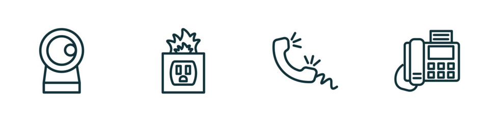 Poster - set of 4 linear icons from technology concept. outline icons included front webcam, electric socket on fire, telephone receiver, telephone with fax vector