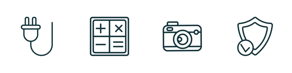 Poster - set of 4 linear icons from technology concept. outline icons included basic plug, mathematical operations, vintage digital camera, safe shield protection vector