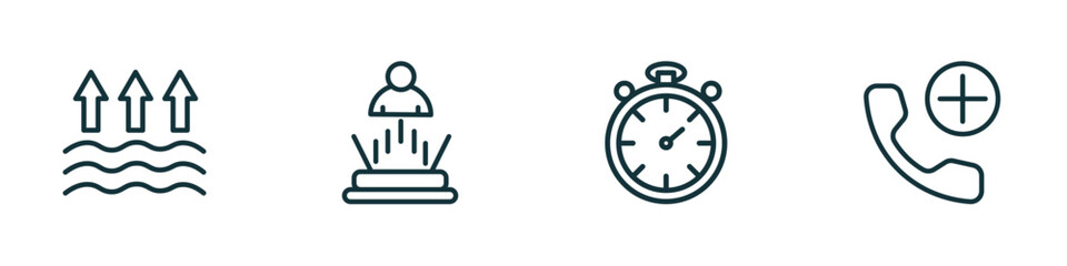Poster - set of 4 linear icons from technology concept. outline icons included evaporation, teletransportation, stopwatch running, add call vector