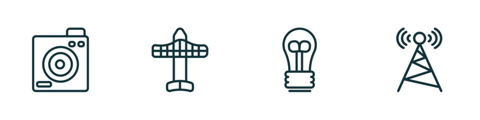 Poster - set of 4 linear icons from technology concept. outline icons included retro squared camera, solar plane, light bulb turned off, cell tower vector