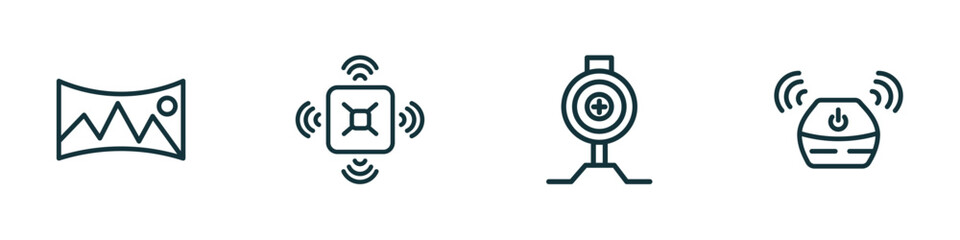 Poster - set of 4 linear icons from technology concept. outline icons included panoramic, naensor, pitching hine, wireless gadget vector