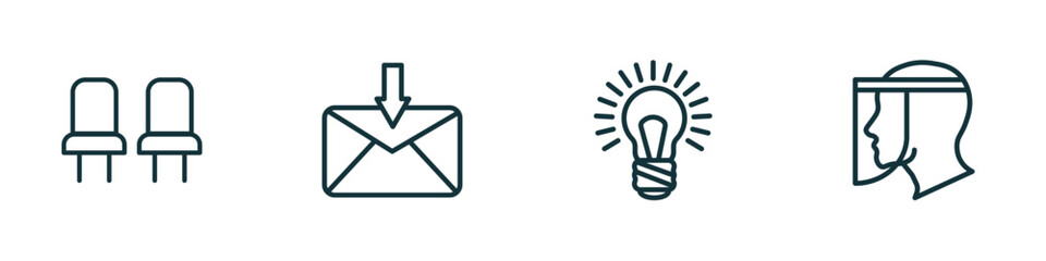 Poster - set of 4 linear icons from technology concept. outline icons included chairs, received, big light bulb, face shield vector