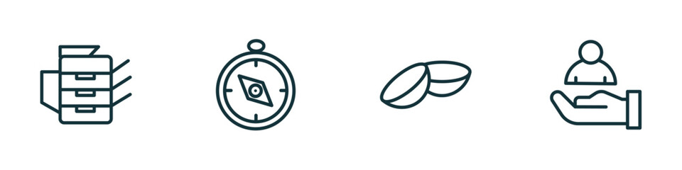 Poster - set of 4 linear icons from technology collection. concept. outline icons included photocopier, basic compass, contact lens, basic microphone vector