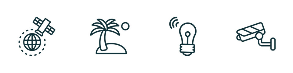 Poster - set of 4 linear icons from technology concept. outline icons included satellite in orbit, holidays, wireless lighting, security cam vector