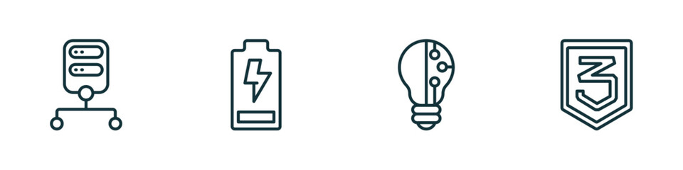 Wall Mural - set of 4 linear icons from technology concept. outline icons included data architecture, battery levels, light bulb idea, css3 vector