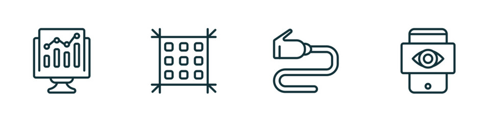 Poster - set of 4 linear icons from technology concept. outline icons included growth hacking, pixels per inch, wired connection, black eye vector