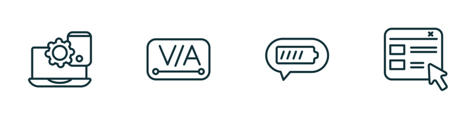 Poster - set of 4 linear icons from technology concept. outline icons included website optimization, kerning, battery status, selector vector