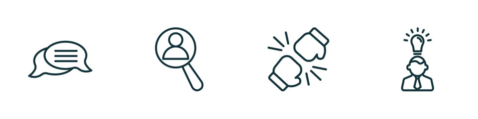 Poster - set of 4 linear icons from startup stategy and concept. outline icons included discussion, hire, rivalry, entrepreneur vector