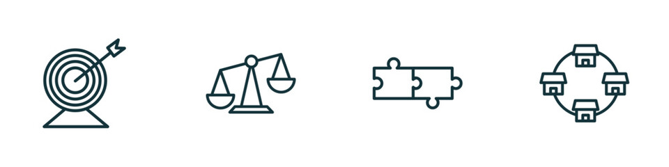 Poster - set of 4 linear icons from startup stategy and concept. outline icons included purpose, balance, jigsaw, franchise vector