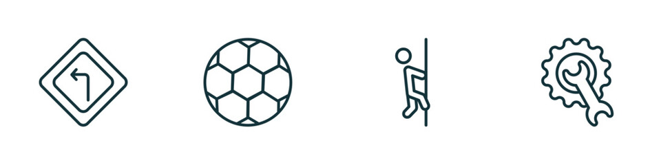 Poster - set of 4 linear icons from sports concept. outline icons included left bend, soccer football ball, climber, equipment vector