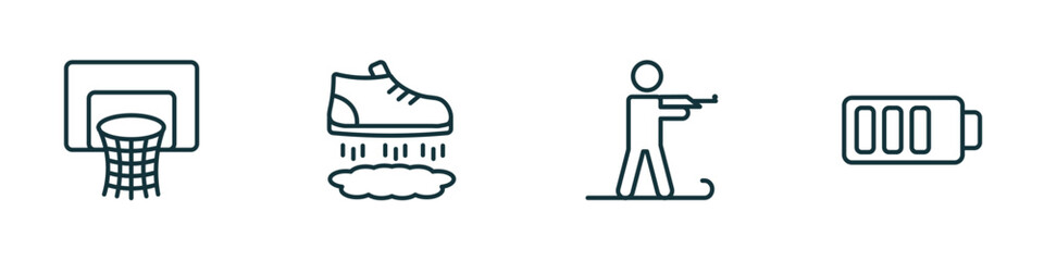 Poster - set of 4 linear icons from sports concept. outline icons included basketball basket, flying shoes, biathlon, batter vector