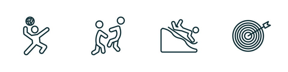 Poster - set of 4 linear icons from sports concept. outline icons included volleyball motion, aikido, snow slide zone, bullseye vector