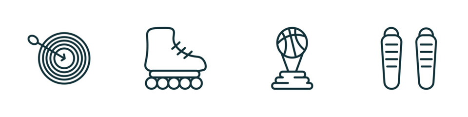 Poster - set of 4 linear icons from sports concept. outline icons included dartboard with dart, roller skate, basketball champion, shin guards vector