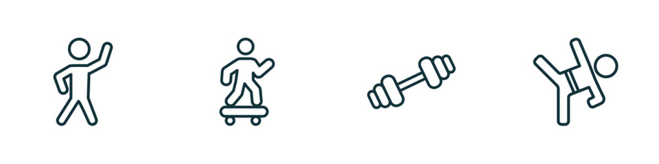 Poster - set of 4 linear icons from sports concept. outline icons included stretching, skating, gym weight, wushu vector