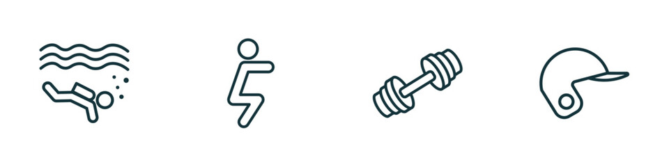 Poster - set of 4 linear icons from sports concept. outline icons included scuba diving, squat, weighted bars, baseball helmet vector