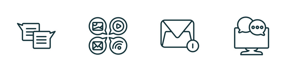 Poster - set of 4 linear icons from social media marketing concept. outline icons included square bubble, options, message, mass media vector