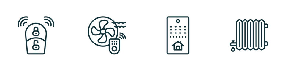 Poster - set of 4 linear icons from smart home concept. outline icons included smart key, fan, smart home console, heat leak vector
