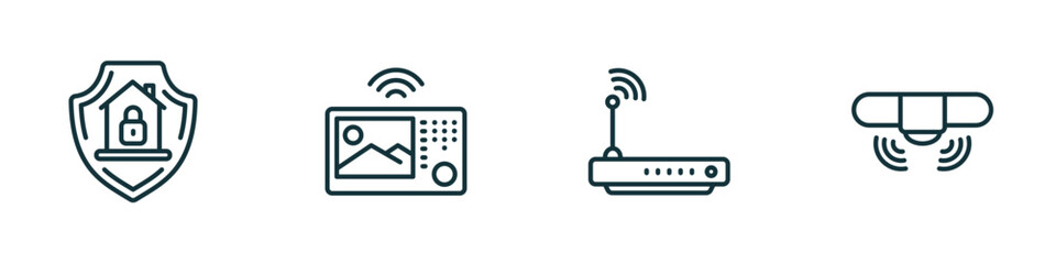 Poster - set of 4 linear icons from smart home concept. outline icons included surveillance, intercom, home devices, sensor vector