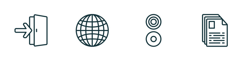 Poster - set of 4 linear icons from signs concept. outline icons included exit right arrow, grid world, reason, text documents vector