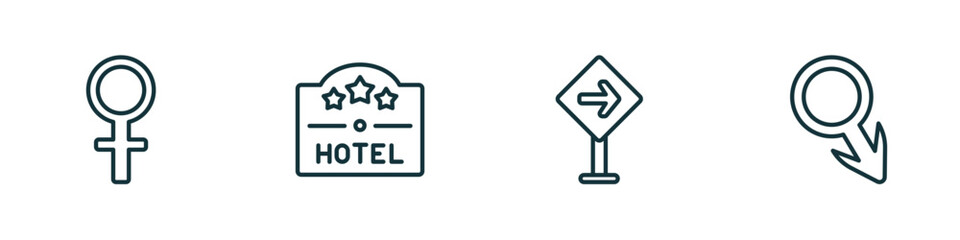 Poster - set of 4 linear icons from signs concept. outline icons included femenine, square hotel, traffic, male gender vector