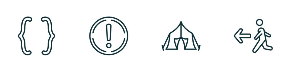 Poster - set of 4 linear icons from signs concept. outline icons included parenthesis, exclamation, tent, emergency exit vector