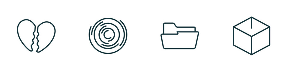 Poster - set of 4 linear icons from shapes concept. outline icons included broken heart, circles, open folder, blank cube vector